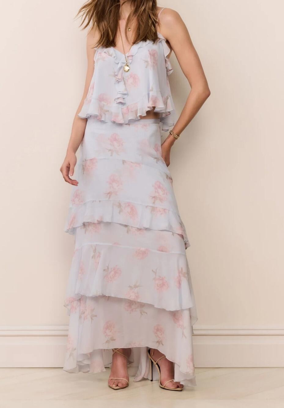 LoveShackFancy Soleia Floral Chiffon Maxi Skirt and Tal Tank Top Set Blue Roan